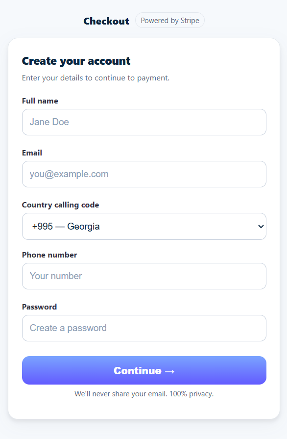 Checkout example with name, email, phone and password fields